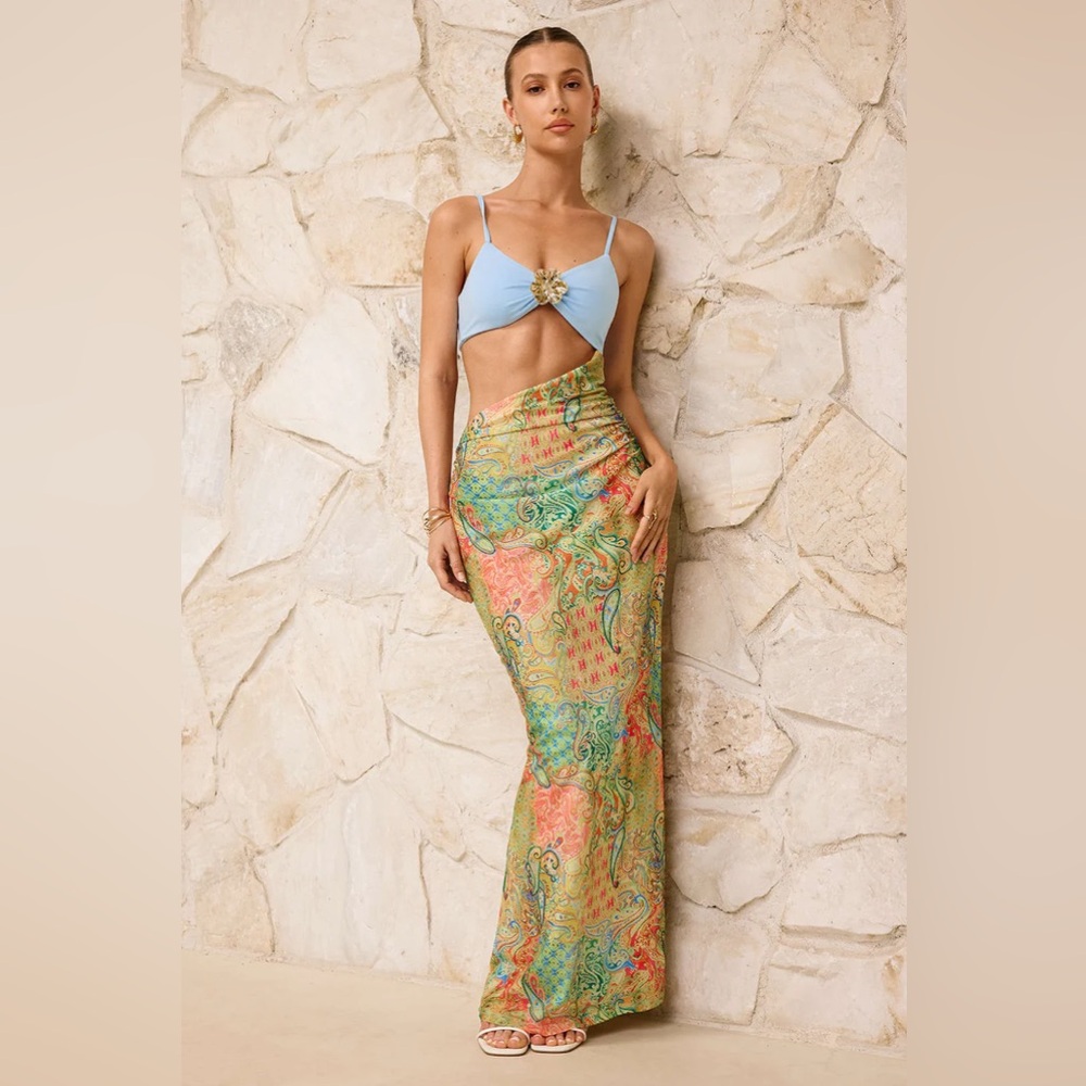 Light Blue Spaghetti-Strap Maxi Dress with Gold Accent